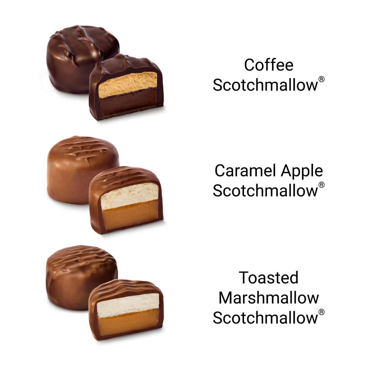 Three different flavors of Scotchmallows on a white background