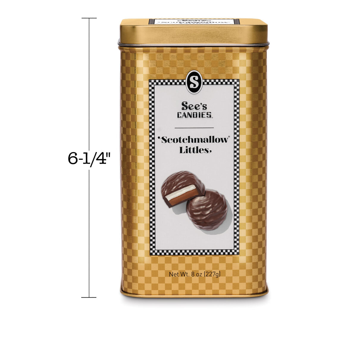 Gold checkered candy tin with See's Candies label and dimensions on a white background