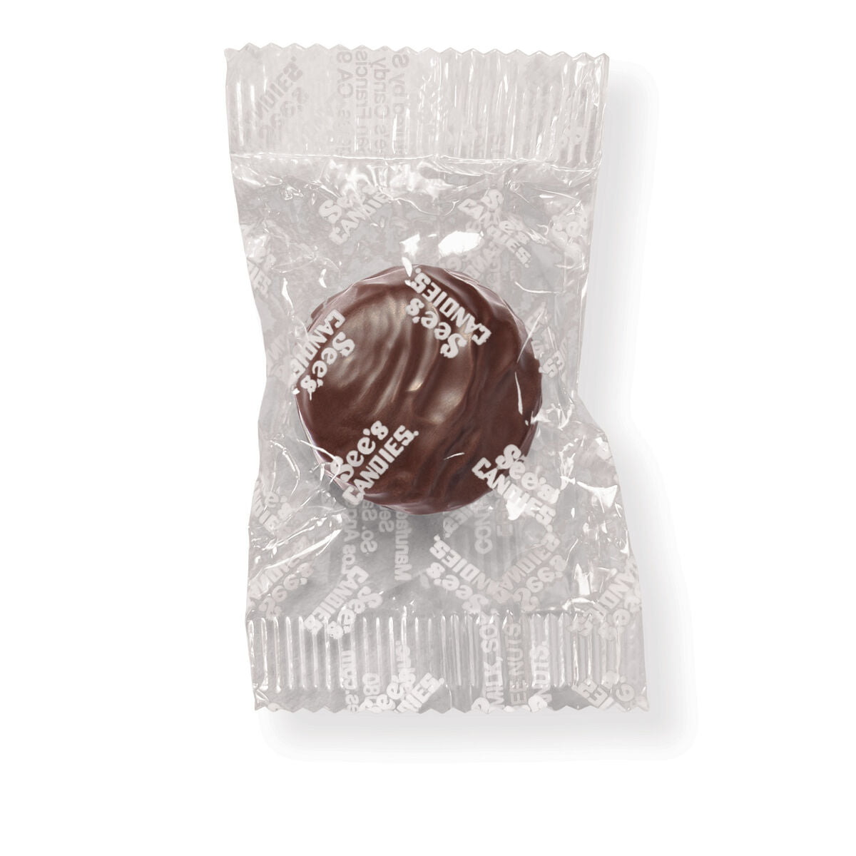 Clear plastic bag with a chocolate candy and visible branding on a white background
