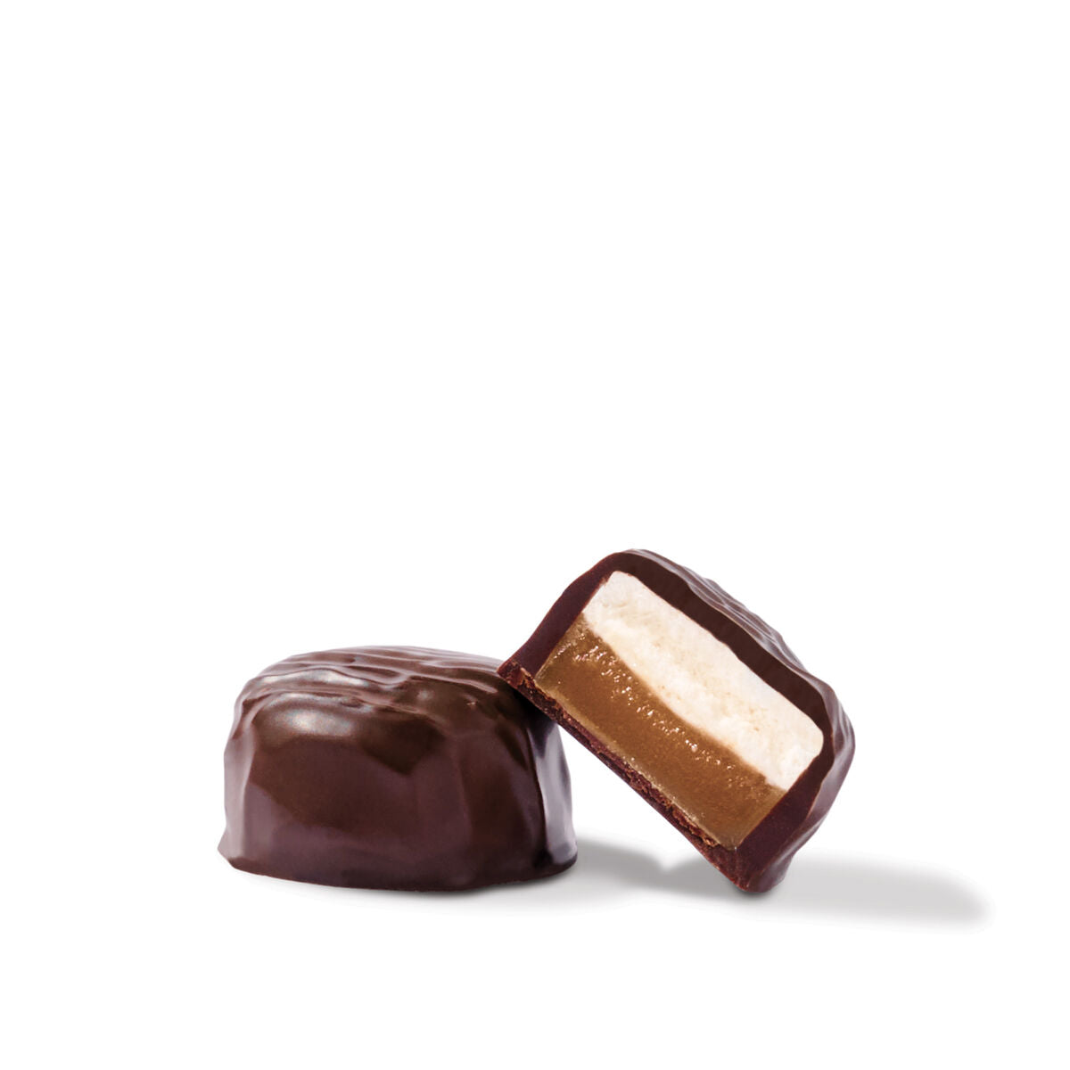 Two chocolate-covered candies on a white background