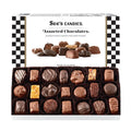 Box of See's Candies Assorted Chocolates open on white background