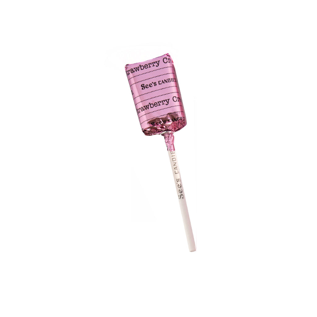 Strawberry Cream lollipop with white text on a white background
