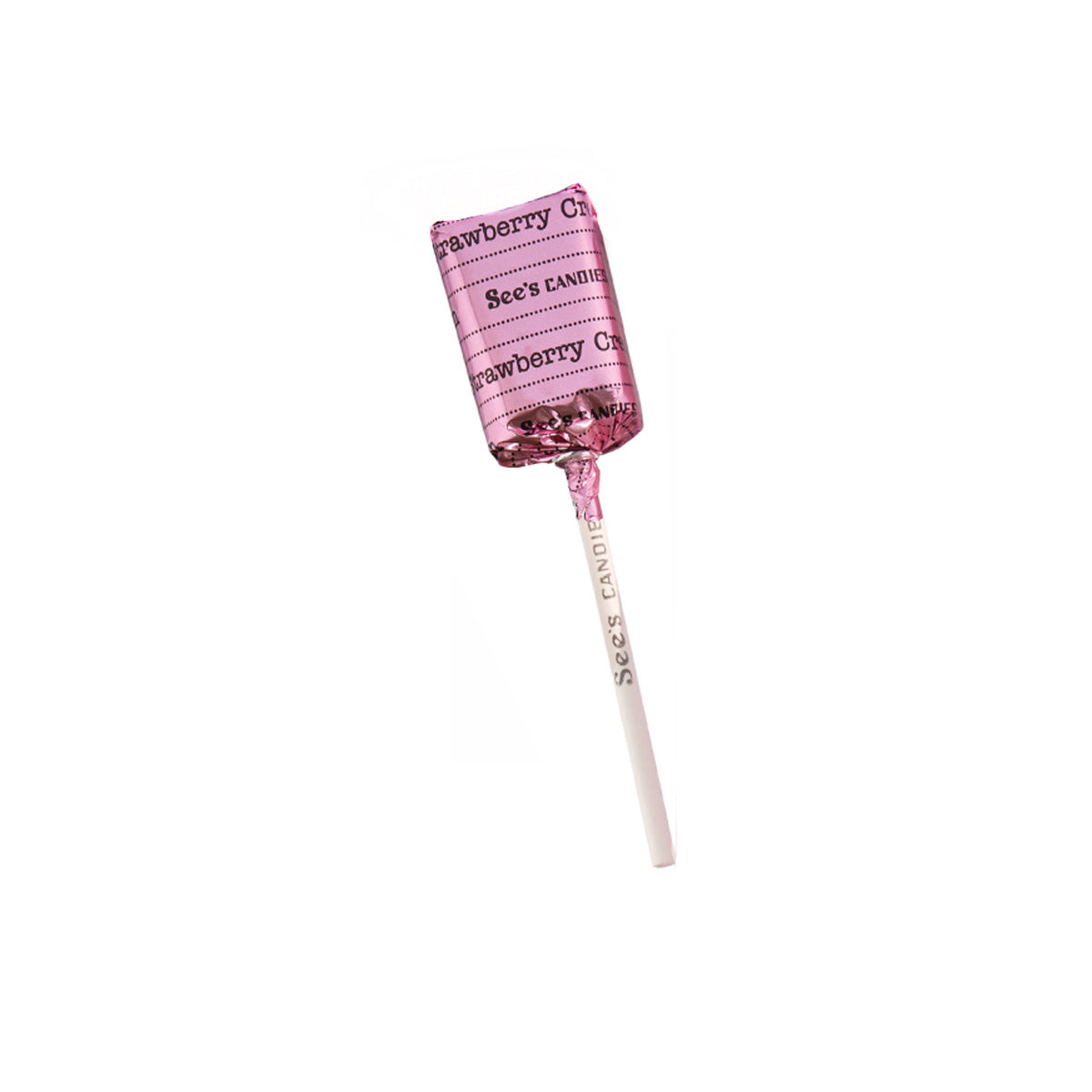 Strawberry Cream lollipop with white text on a white background