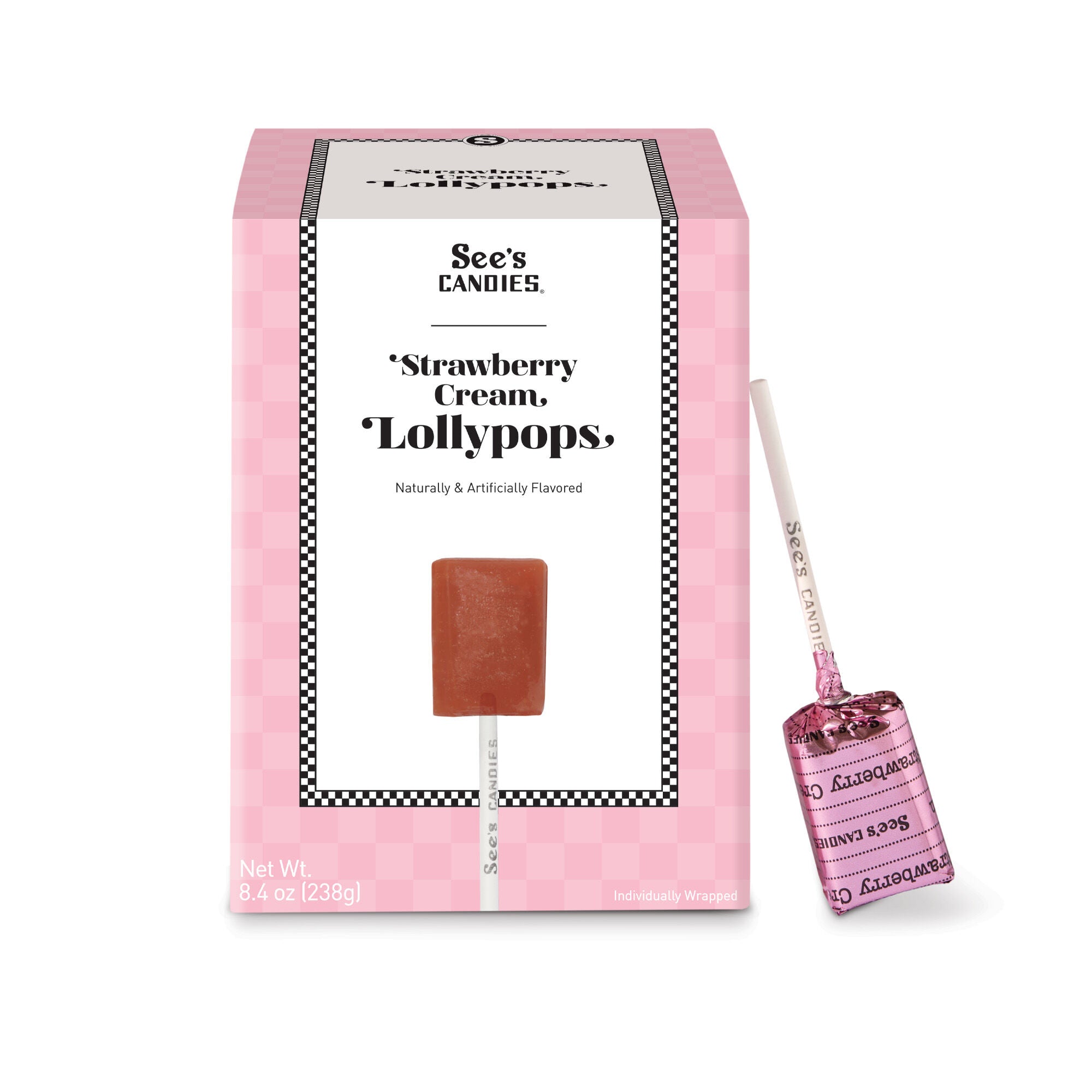 Pink packaging of See's Candies Strawberry Cream Lollypops with a lollipop inside.