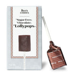Box of See's Candies sugar-free chocolate lollipops on a white background