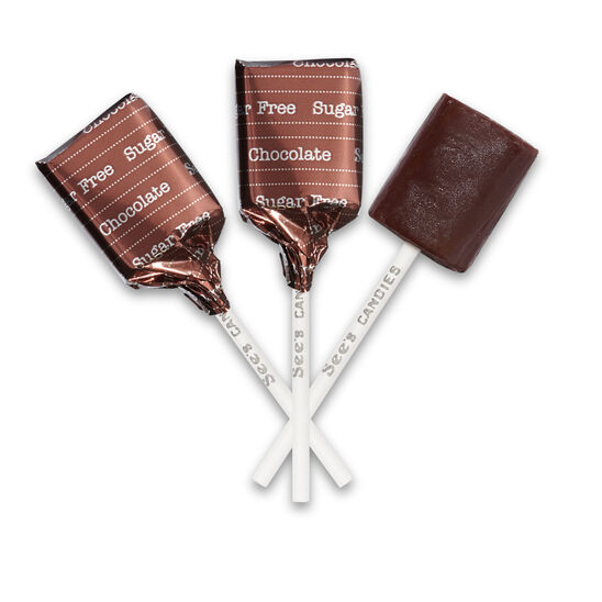 3 see's candies sugar free chocolate lollypops on white background