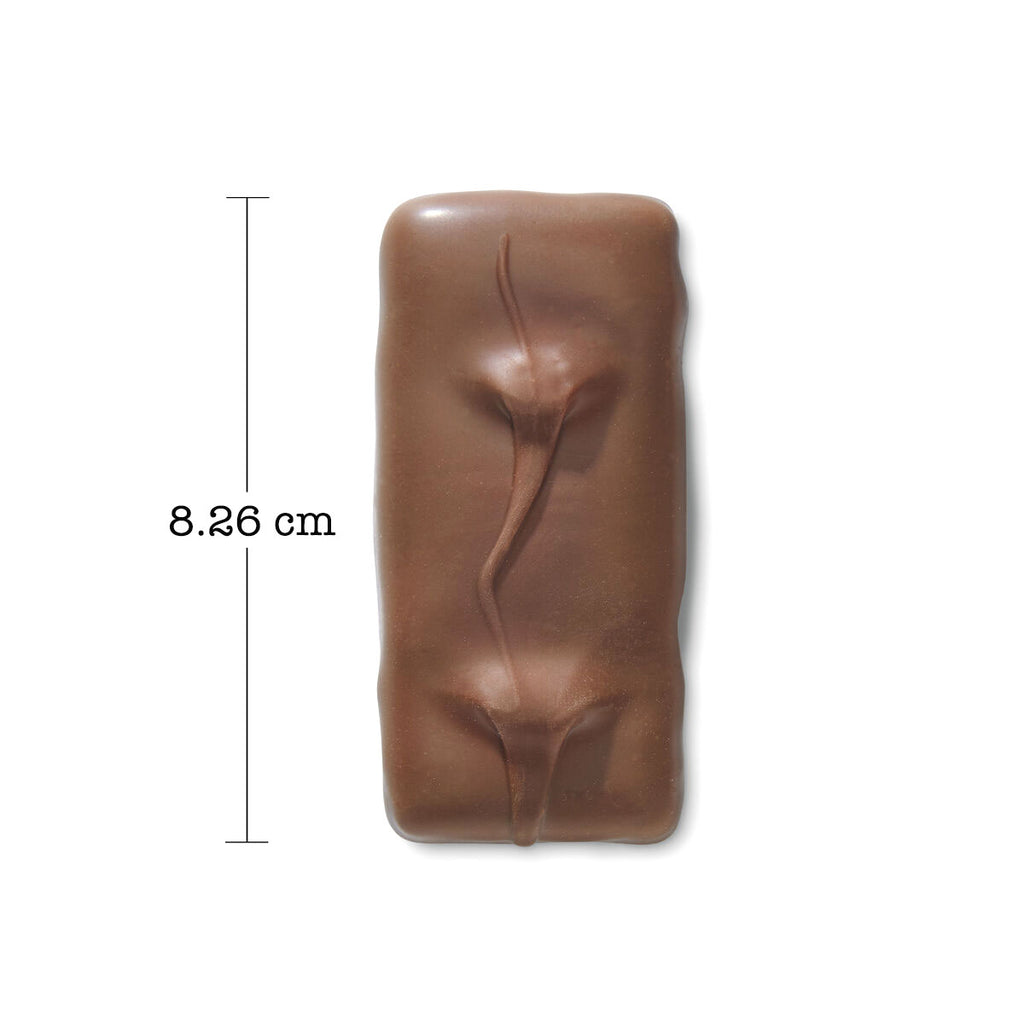 A single brown rectangular toffee bar with a two sculpted, organic surface texture centered on a white background, with a vertical measurement marker reading 8.26 cm beside it.