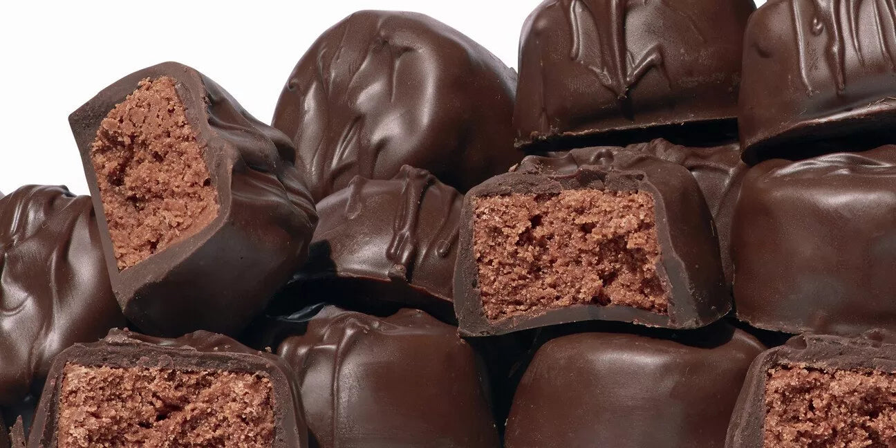 Close-up of chocolate-covered treats with a white background