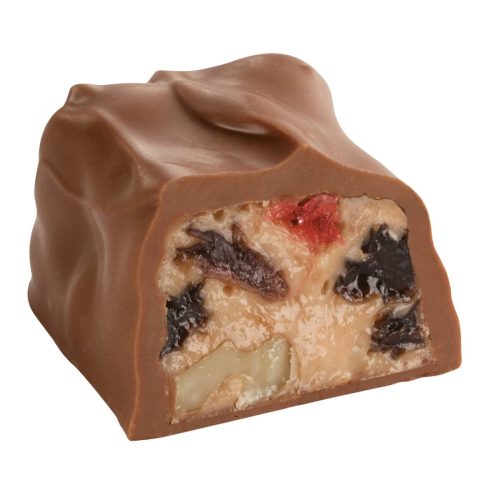 Milk Rum Nougat<br /><br /><i>Nougat, glacé cherries, raisins, walnuts and a hint of rum flavoring clad in milk chocolate</i>